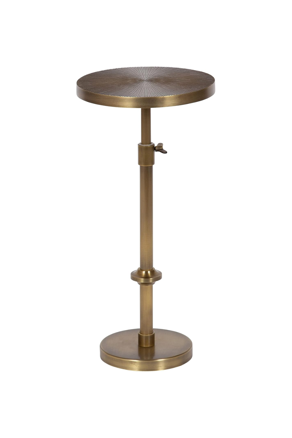 Brass standing side table with circular top and adjustable height