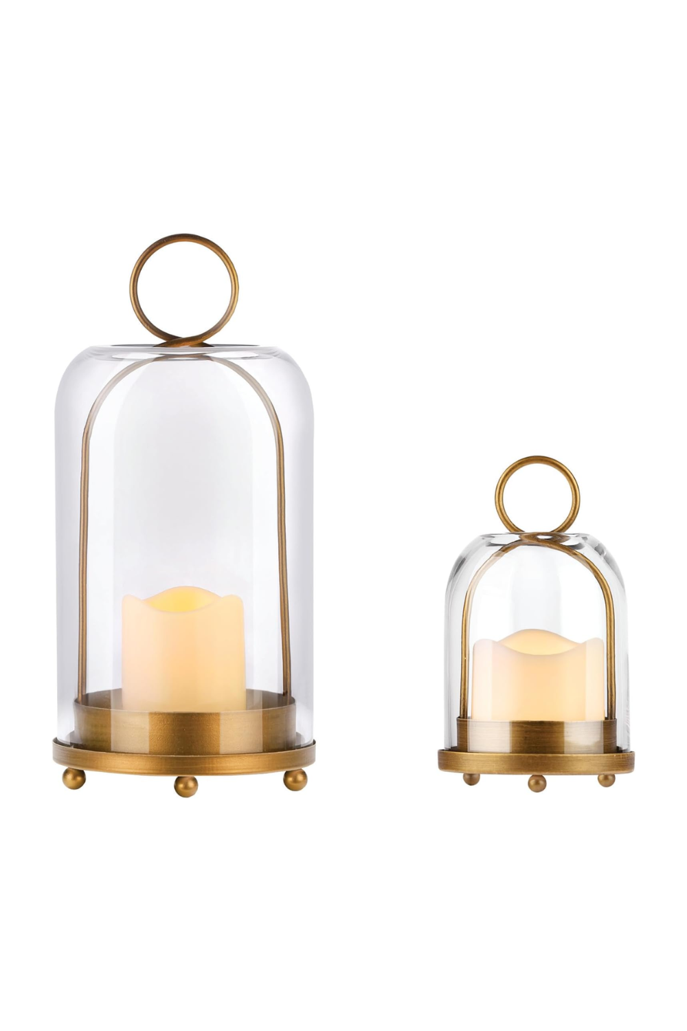 Two decorative lanterns with glass covers, each containing a flickering candle, with gold accents and round handles on top, set against a white background.