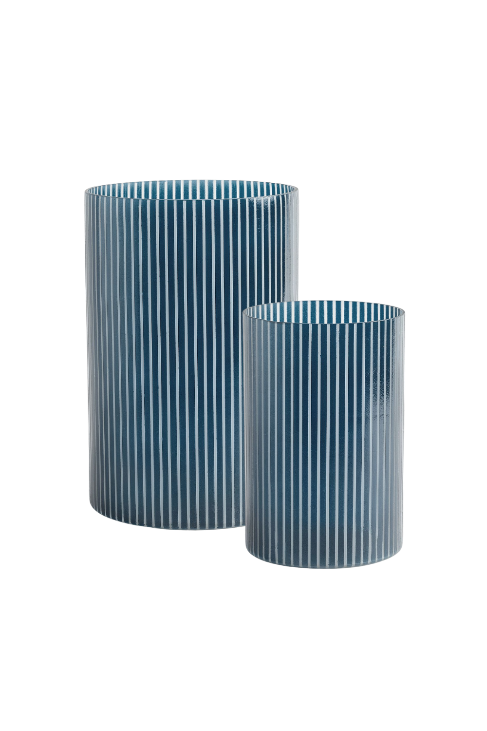 Two cylindrical vases with vertical blue and white stripes, one larger and one smaller, on a plain white background.