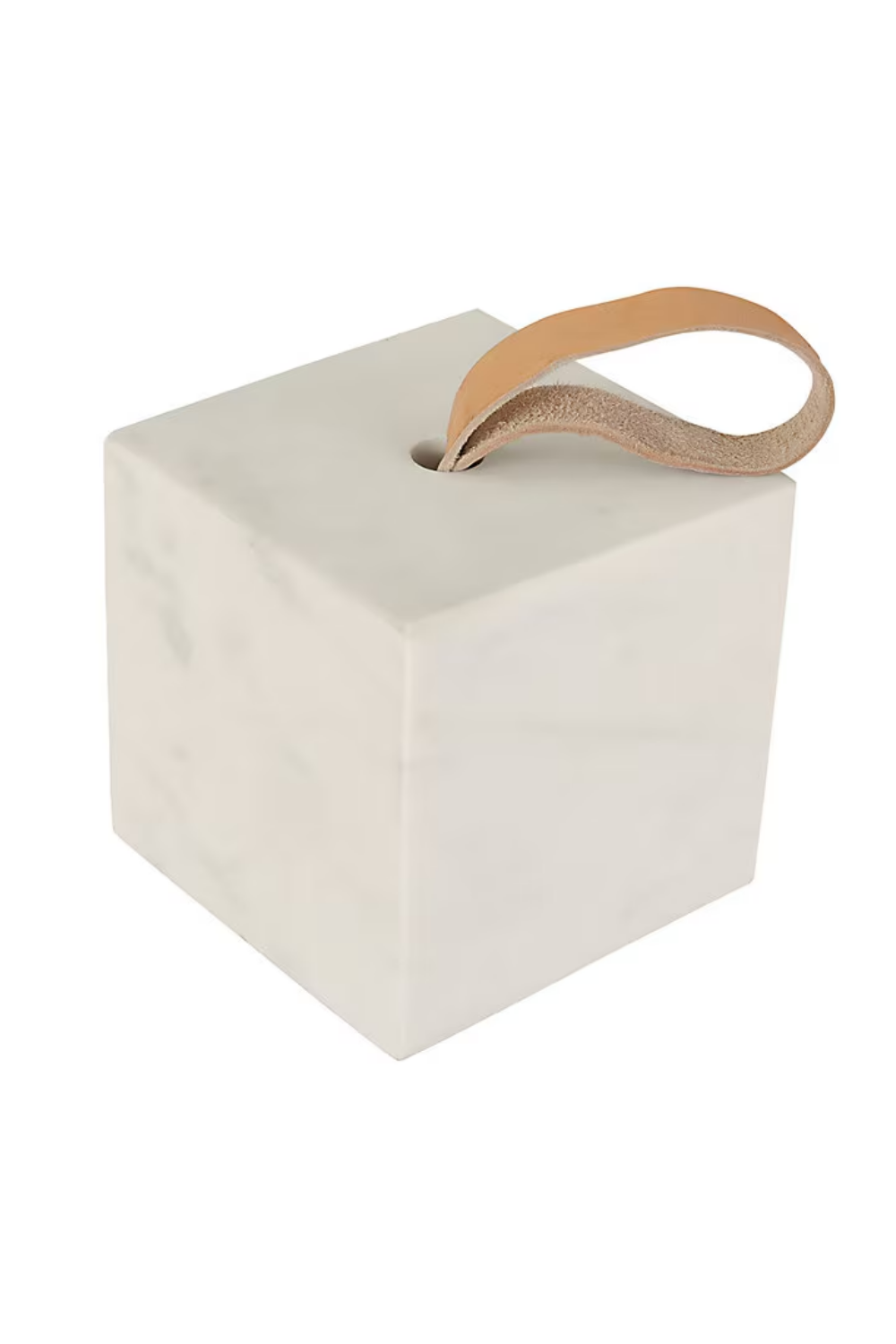 A white square tissue box with a beige leather loop on top.