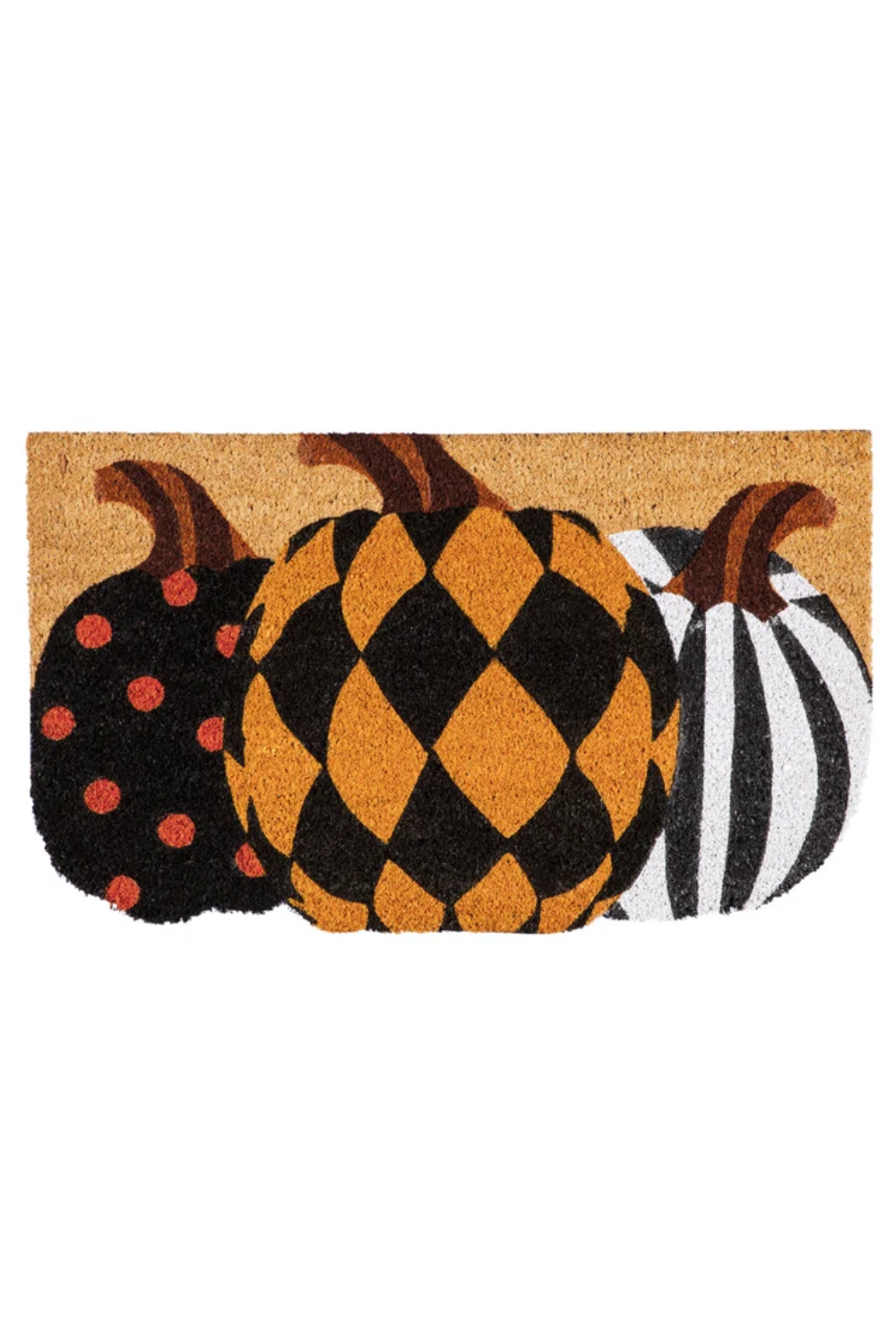 Three decorative pumpkins with different patterns, orange, black, and white, on a doormat.