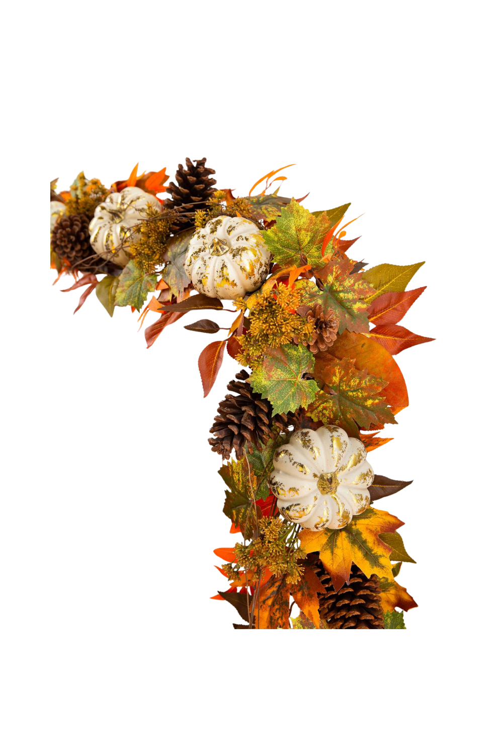 Fall autumn garland with white pumpkins, pinecones, and colorful orange, yellow, and green leaves.