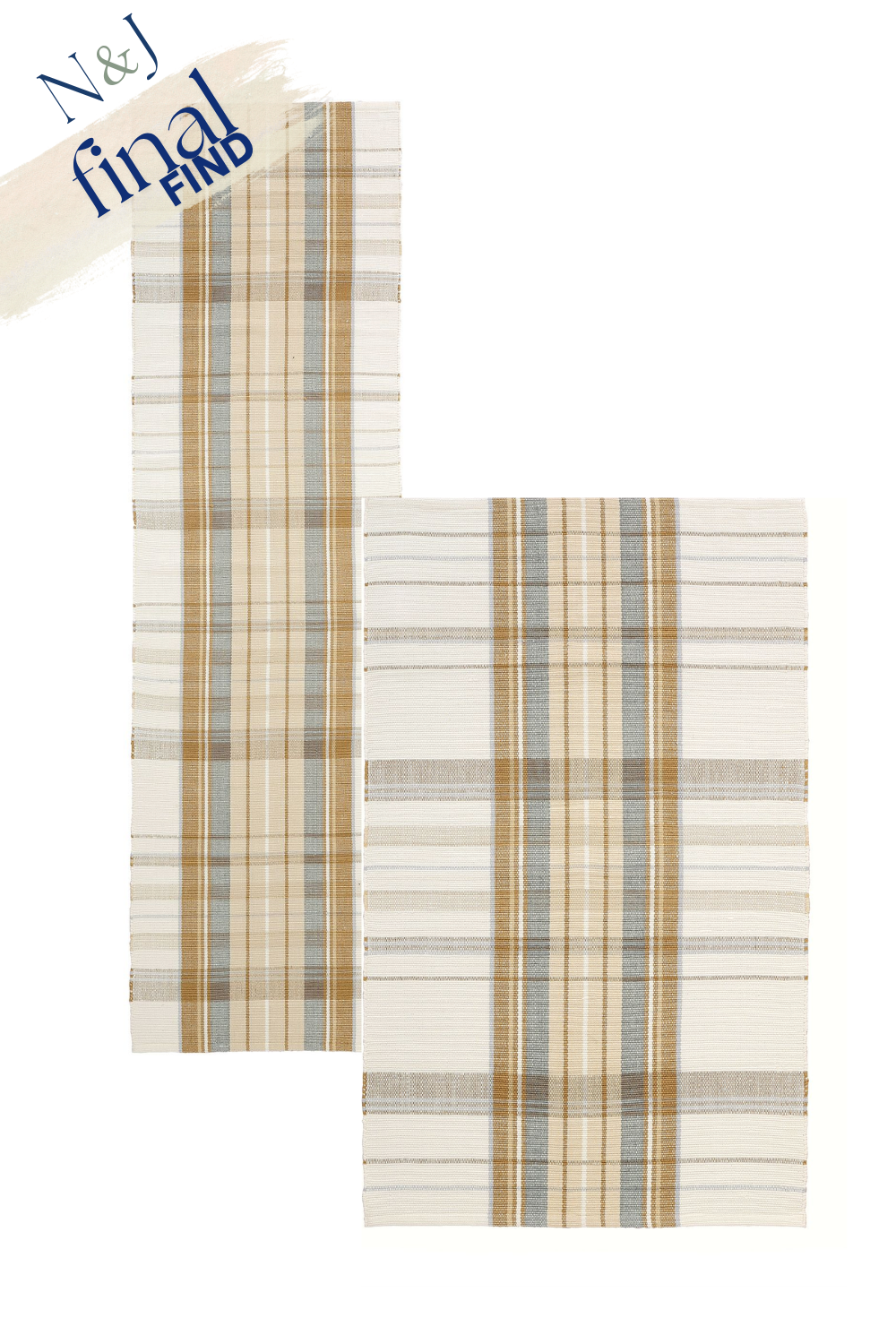 Two beige and cream plaid placemats with brown, gray, and white stripes, one placed vertically and one horizontally