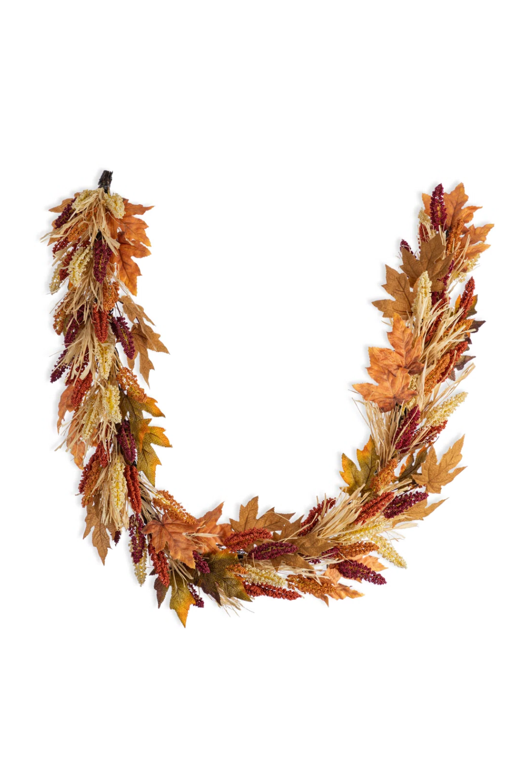 Fall-themed decorative wreath made of dried leaves, grasses, and berries in autumn colors such as orange, red, yellow, and brown, arranged in a semi-circle.