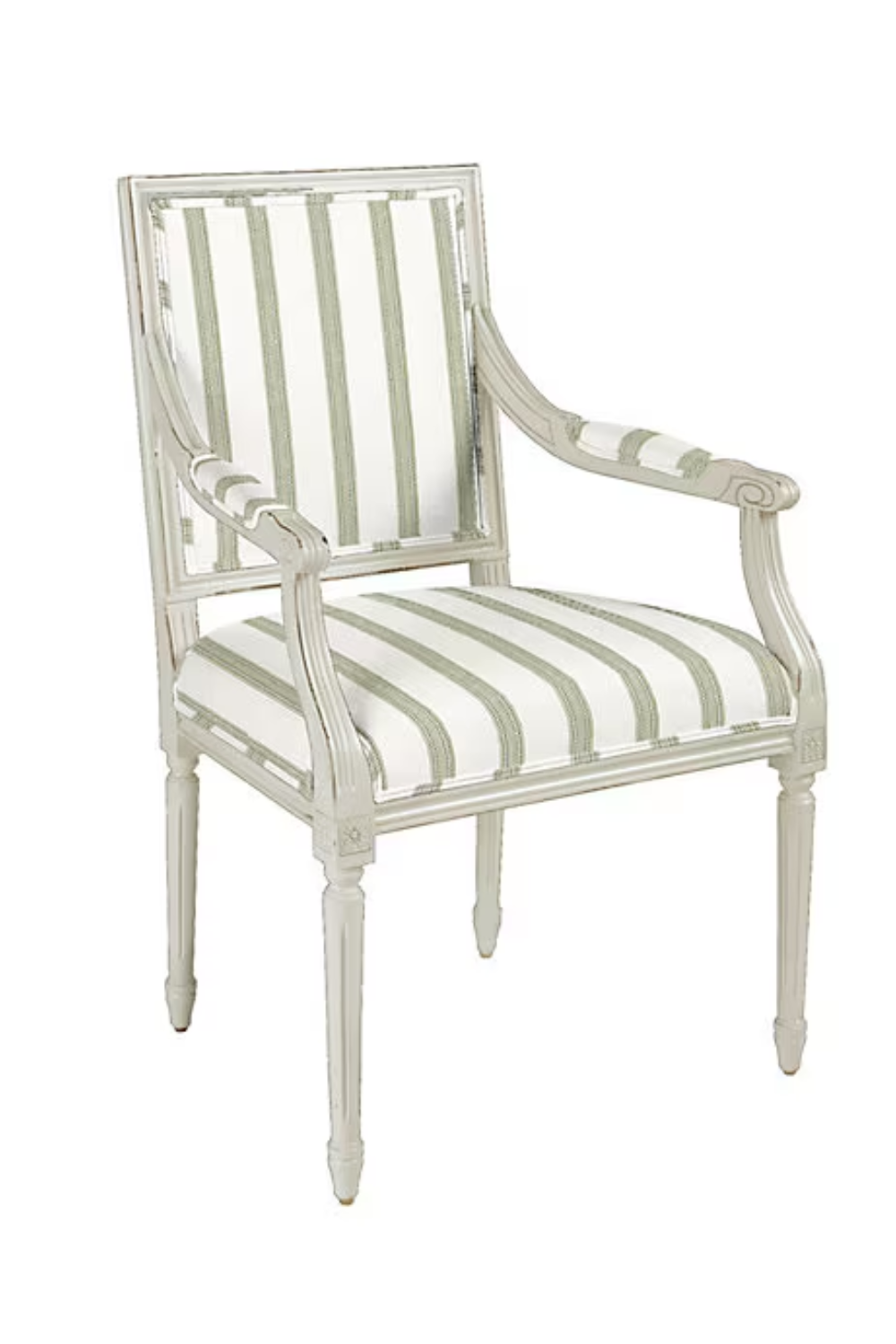 A white wooden chair with striped fabric upholstery in green and white, featuring carved armrests and turned legs.