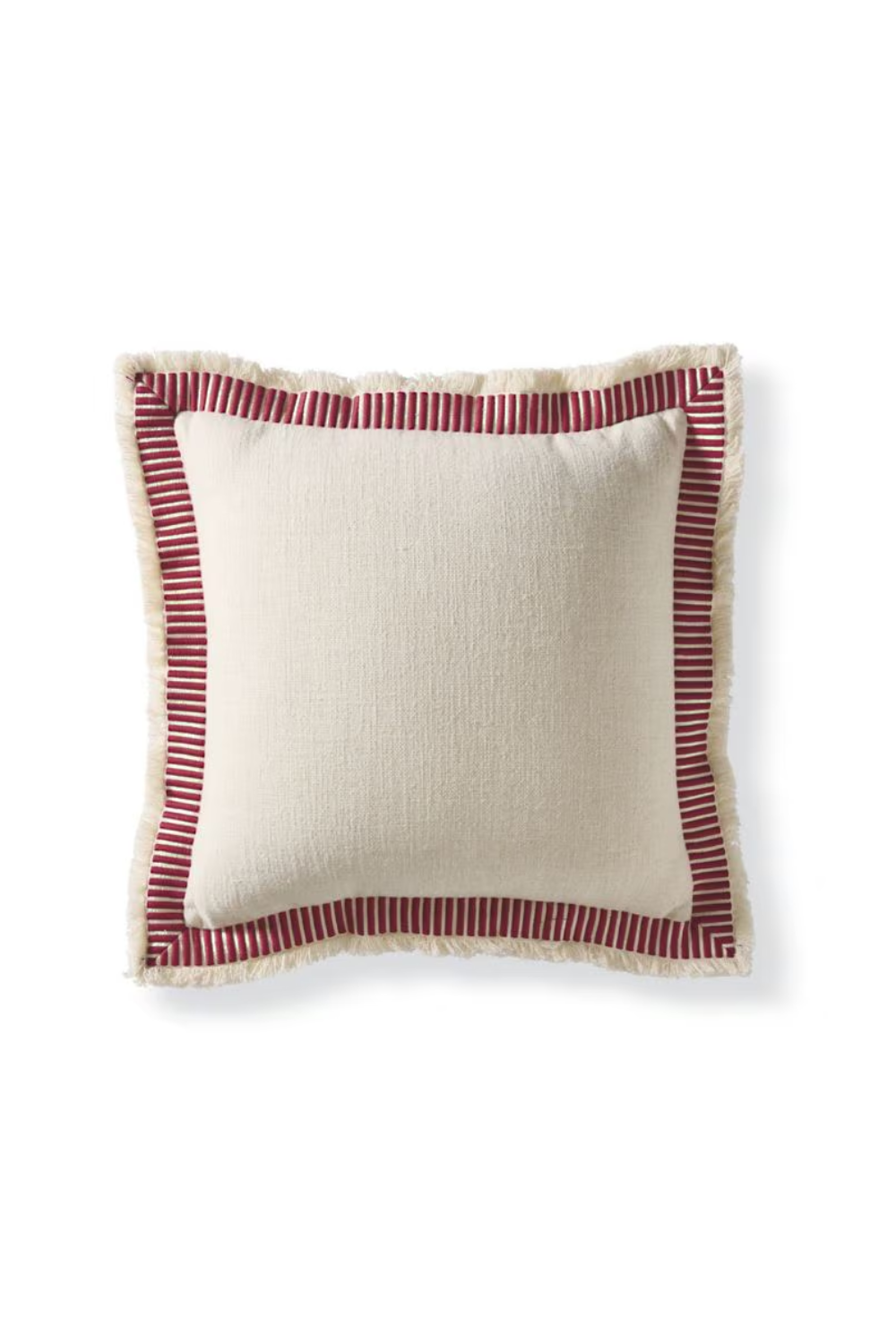 Decorative throw pillow with cream-colored fabric, red and cream striped border, and fringed edges.