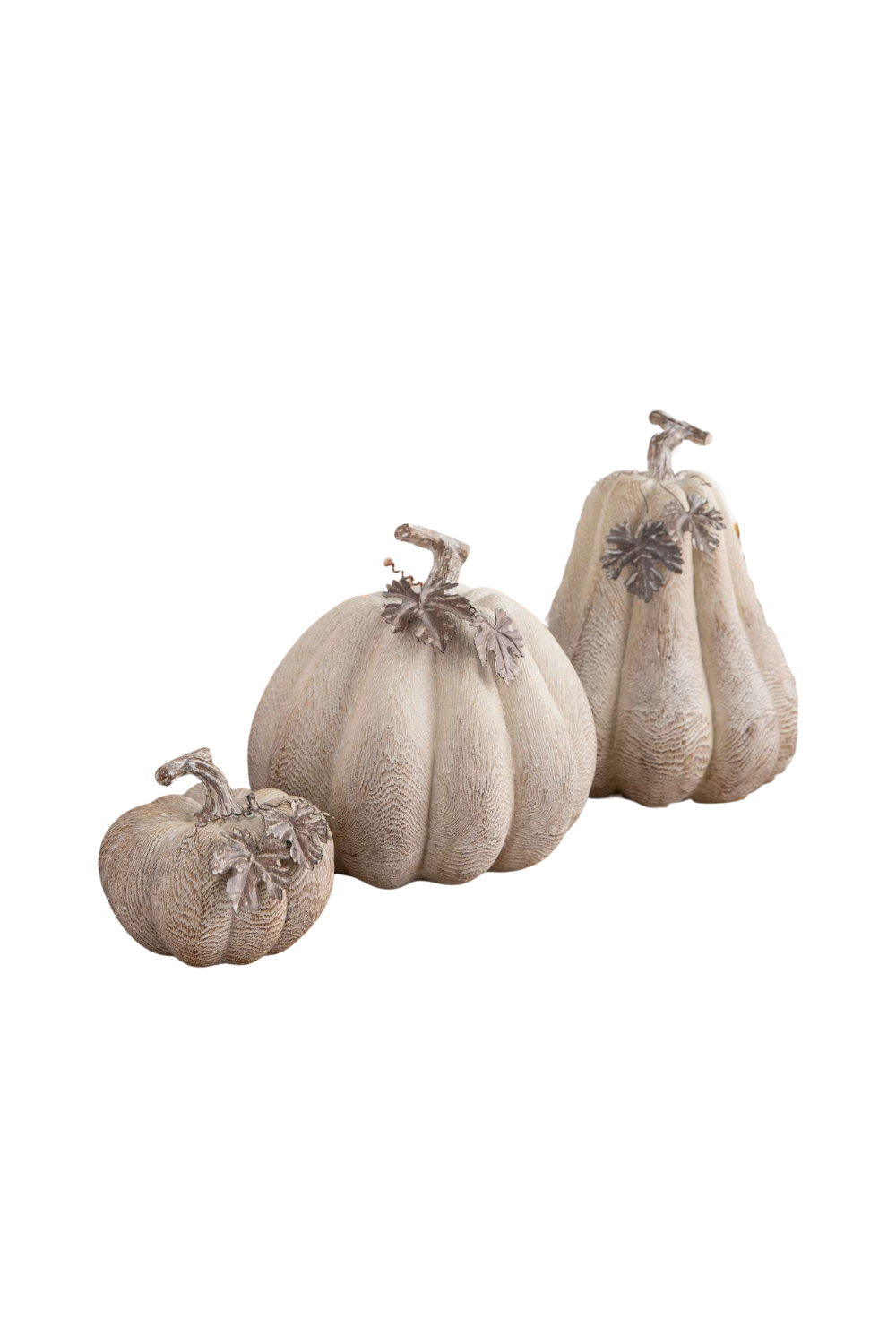 Three decorative pumpkins in different sizes and shapes, all in neutral tones with metallic accents on their stems and leaves.