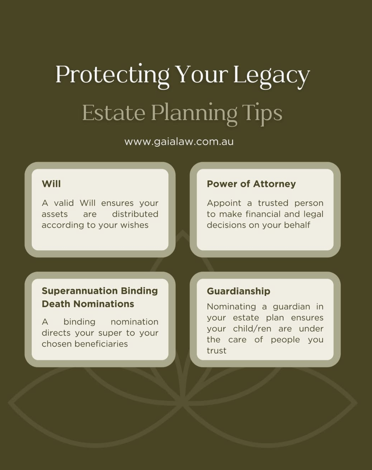 Guide on estate planning tips including Will, Power of Attorney, Superannuation Binding Death Nominations, and Guardianship