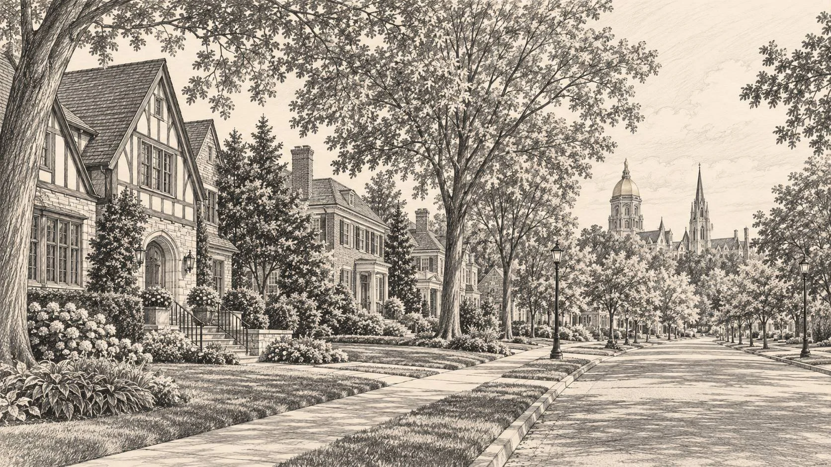 Illustrated sketch of Tudor and colonial homes in Harter Heights with the Notre Dame Golden Dome in the distance