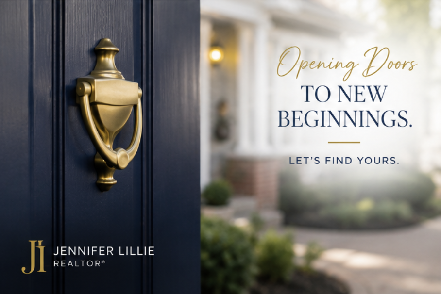 Close-up of a dark blue front door with a gold door knocker. Blurred background of a house and greenery. Text overlay says, "Opening Doors to New Beginnings. Let's Find Yours." with the name Jennifer Lillie, Realtor.