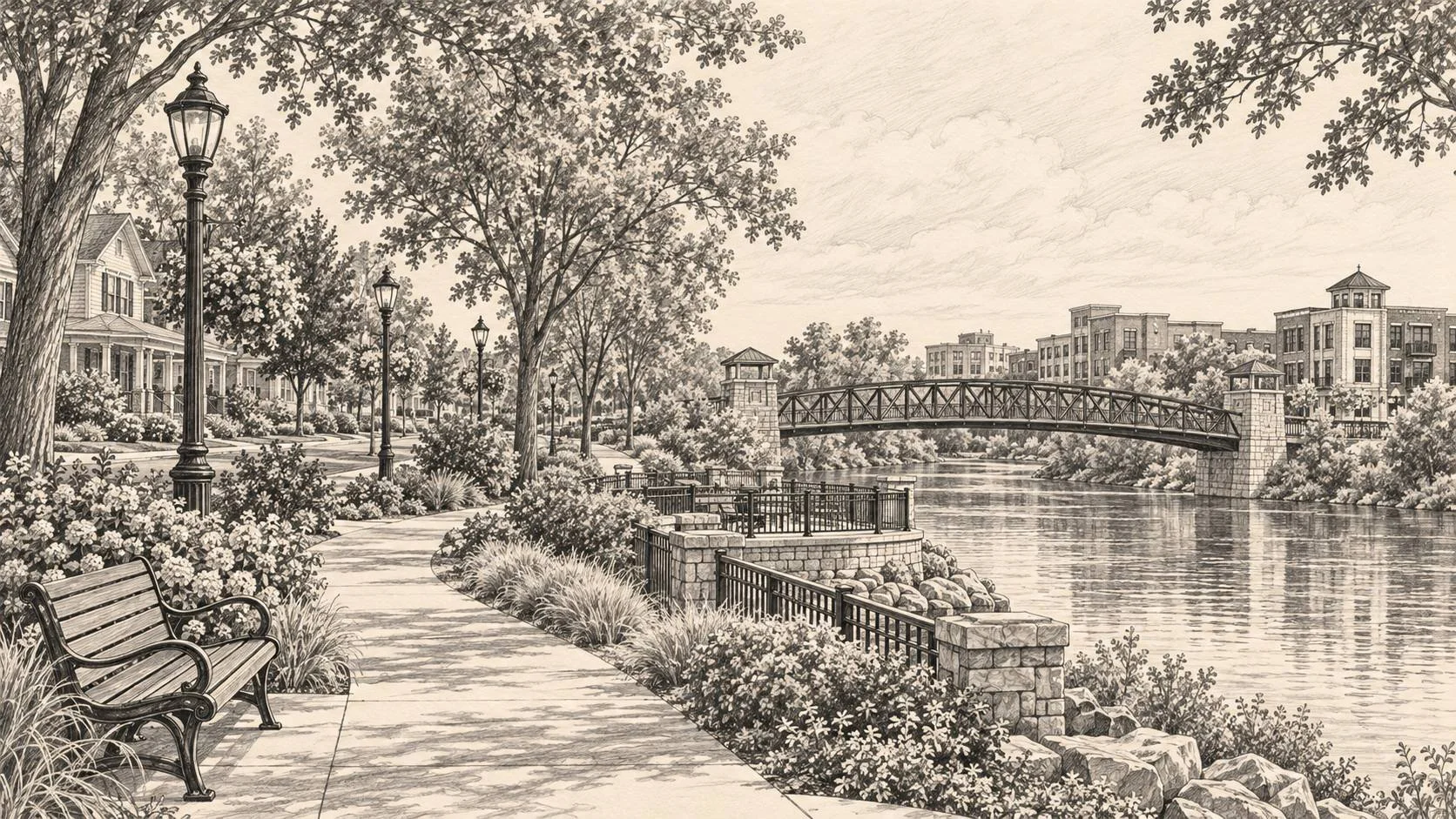 Illustrated sketch of the Mishawaka Riverwalk with a pedestrian bridge over the St. Joseph River