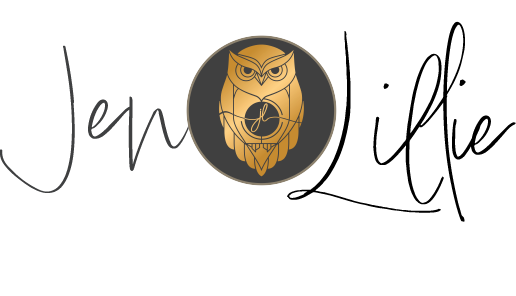 The image features the words 'Jen Lillie' in a handwritten script style, with a circular logo in the center containing a gold owl illustration on a black background.
