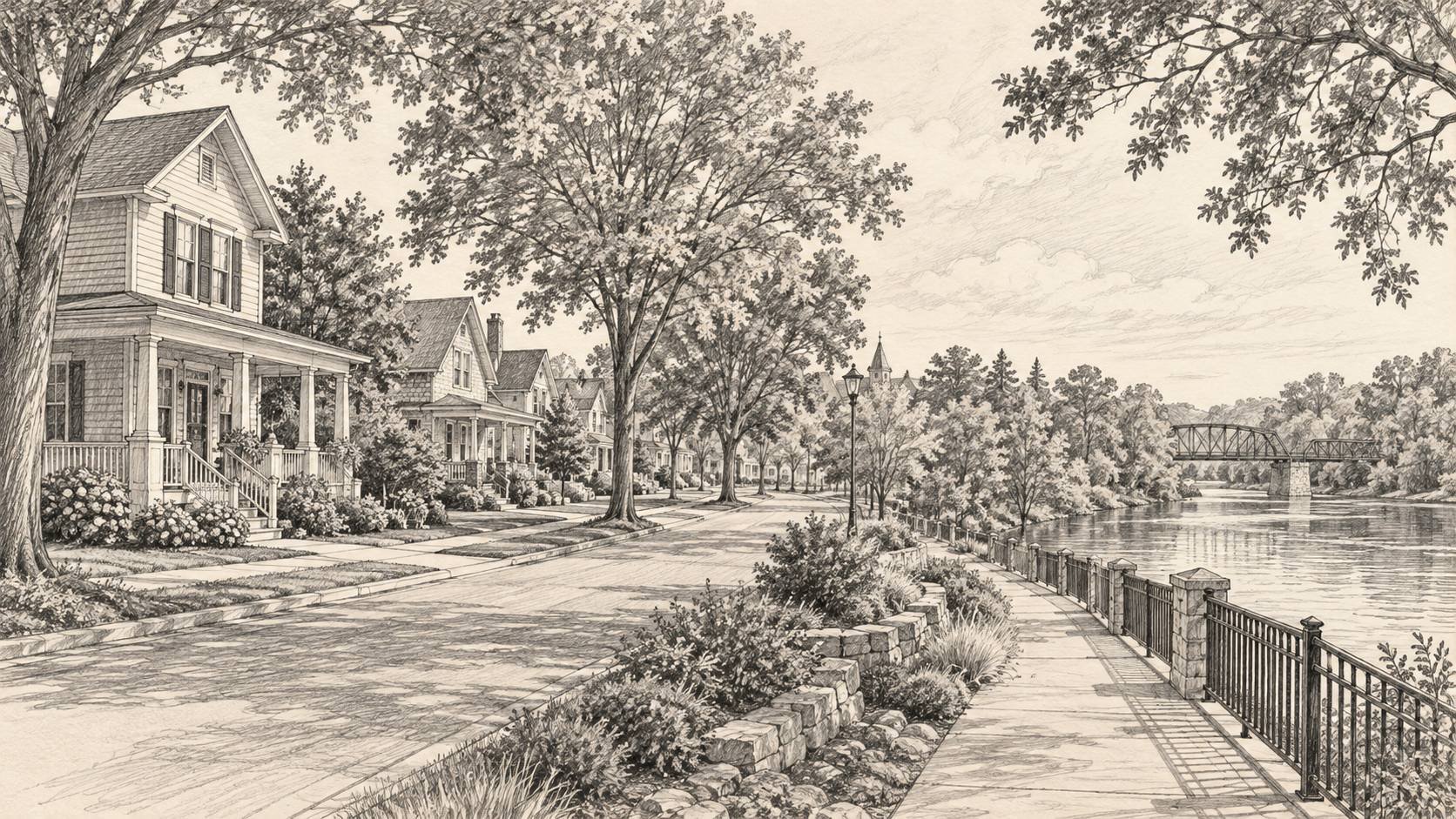 Illustrated sketch of a tree-lined residential street and riverside walking path in Osceola, Indiana