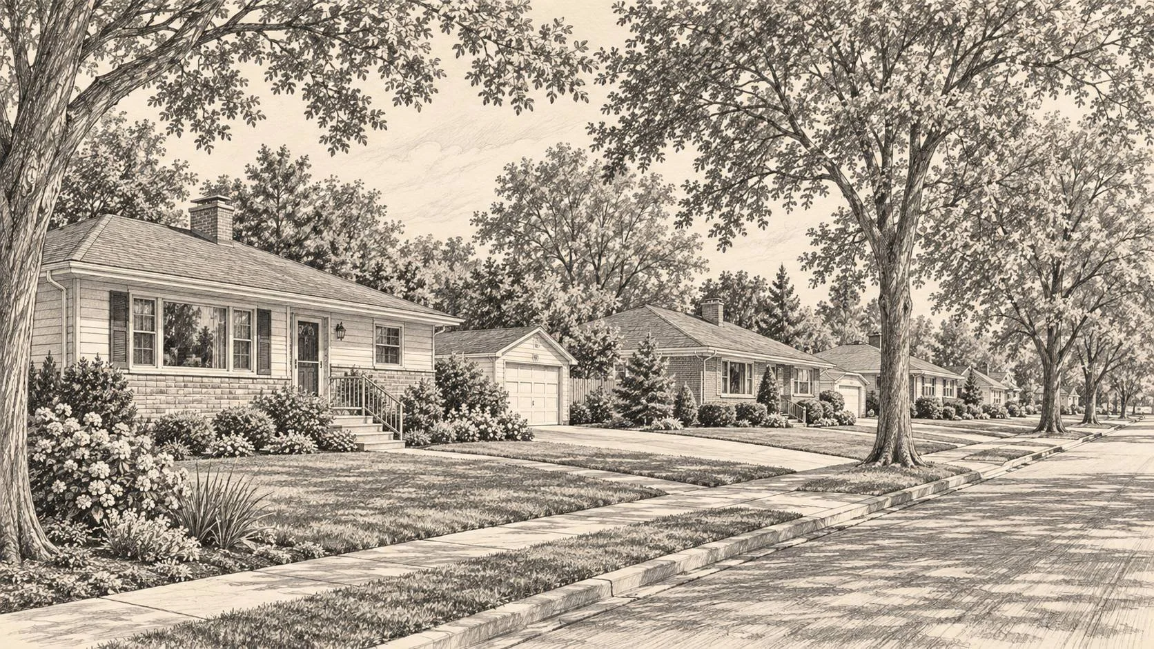 Illustrated sketch of mid-century ranch homes on a tree-lined street in Edison Park, South Bend