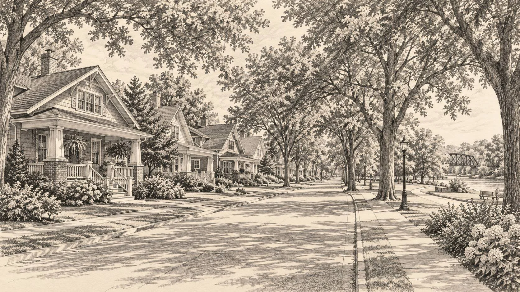 Illustrated sketch of Craftsman bungalows on a tree-lined street near the St. Joseph River in River Park, South Bend