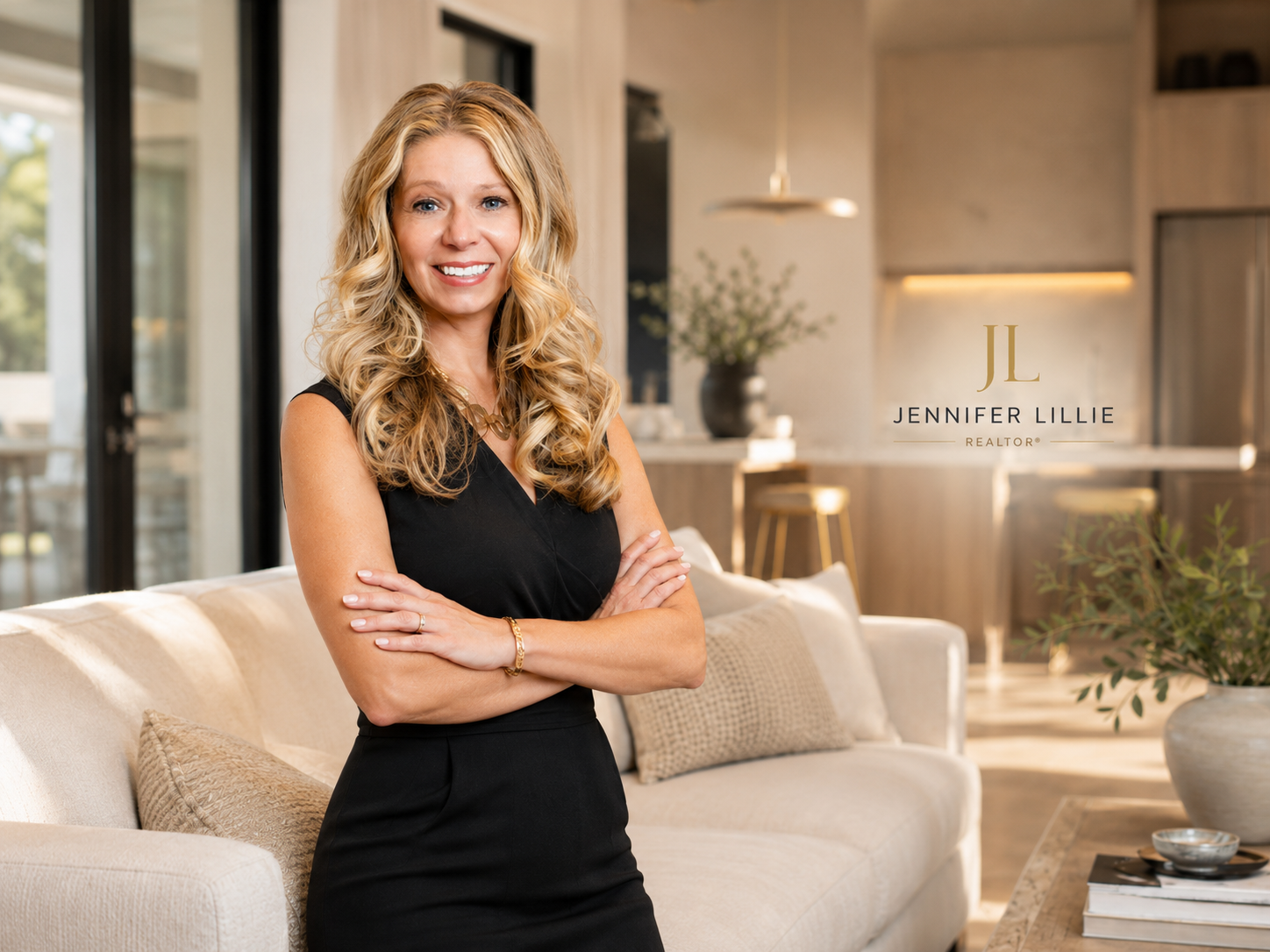 A woman with blonde curly hair wearing a black sleeveless dress, standing in a modern, well-lit living room with a beige sofa, pillows, a coffee table, and decorative plants in the background. The logo copy reads "JL Jennifer Lillie Realtor".