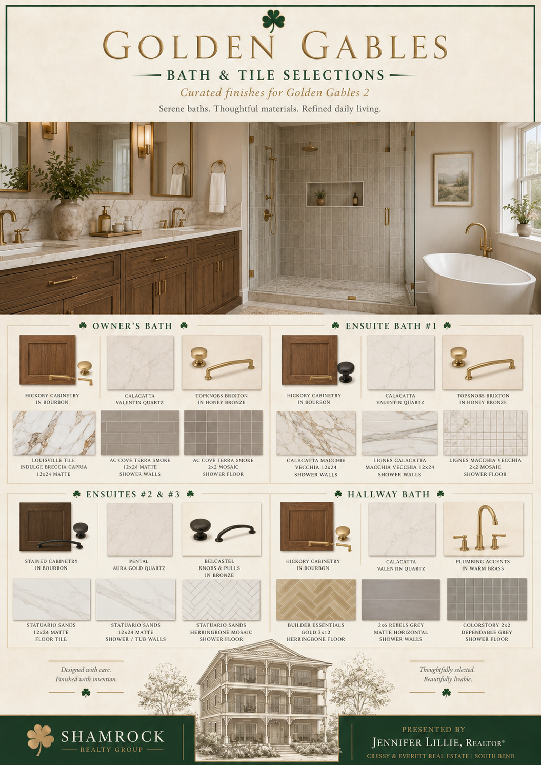 Golden Gables bath and tile selections showing owner's bath, ensuite, and hallway bath finishes