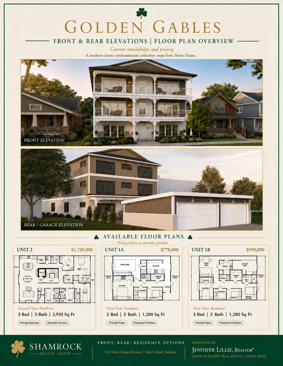 Golden Gables front and rear building elevations with available floor plans for Unit 2, Unit 1A, and Unit 1B