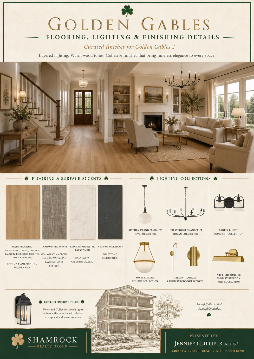 Golden Gables flooring, lighting, and finishing selections including hardwood, tile, and fixture options