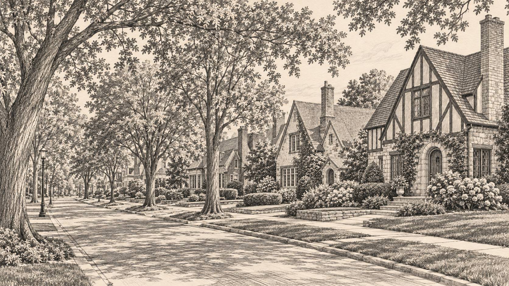 Illustrated sketch of Tudor-style homes on a tree-lined street in Sunnymede, South Bend