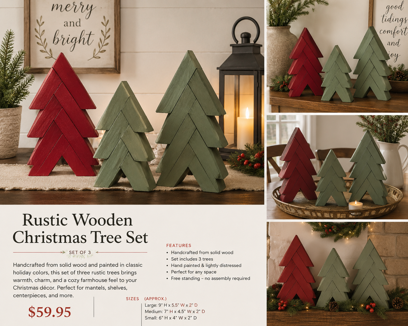 Rustic Wooden Christmas Tree Set  Set of 3 – Handcrafted Holiday Décor