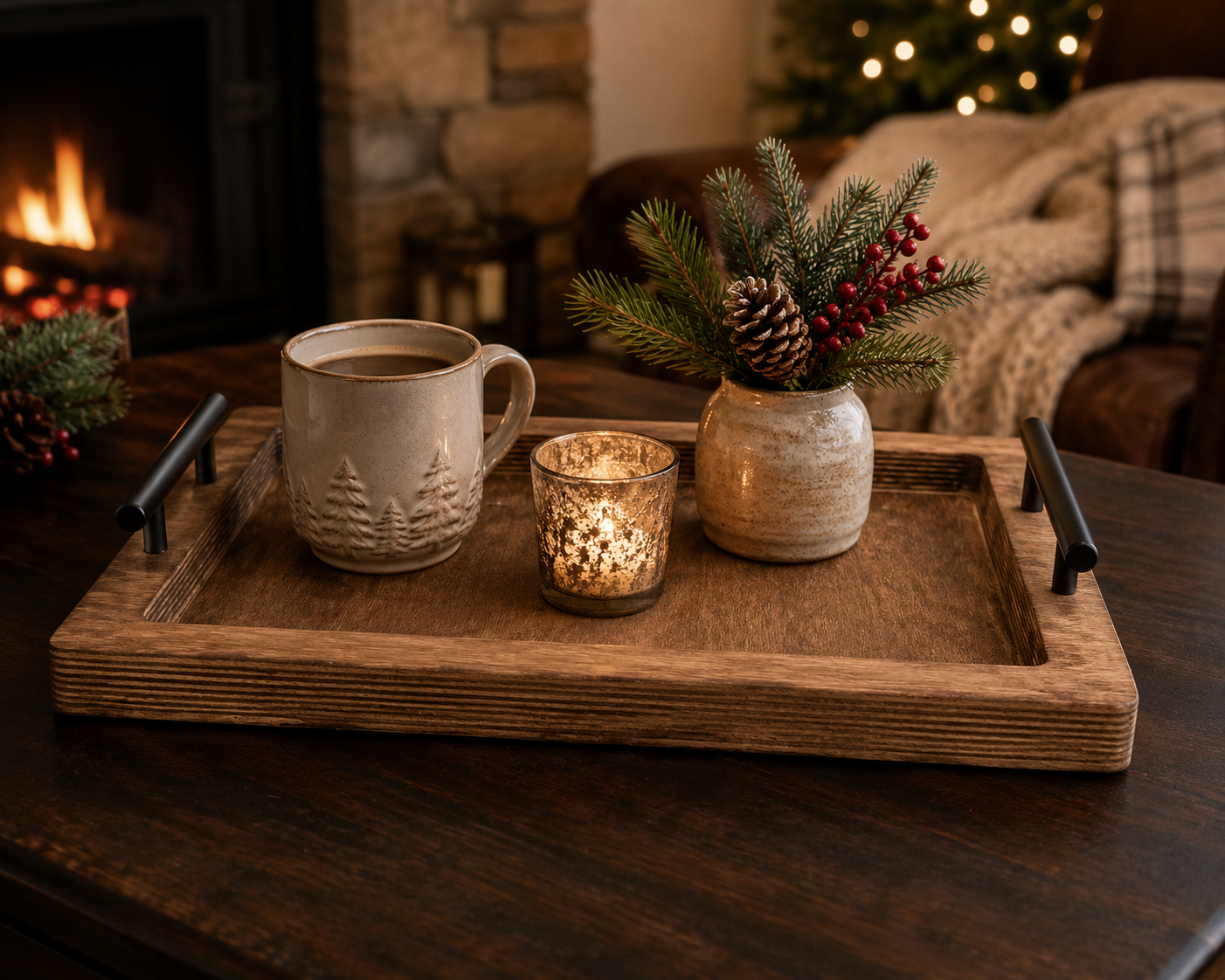 Rustic Wood Serving Tray with Black Handles