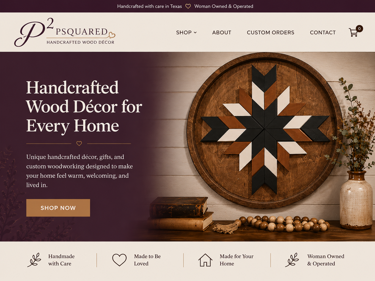 Handcrafted Wood Décor & Farmhouse Gifts | Psquared
Discover handcrafted wood décor, barn quilts, seasonal decorations, personalized gifts, and rustic home accents made with care in Texas.