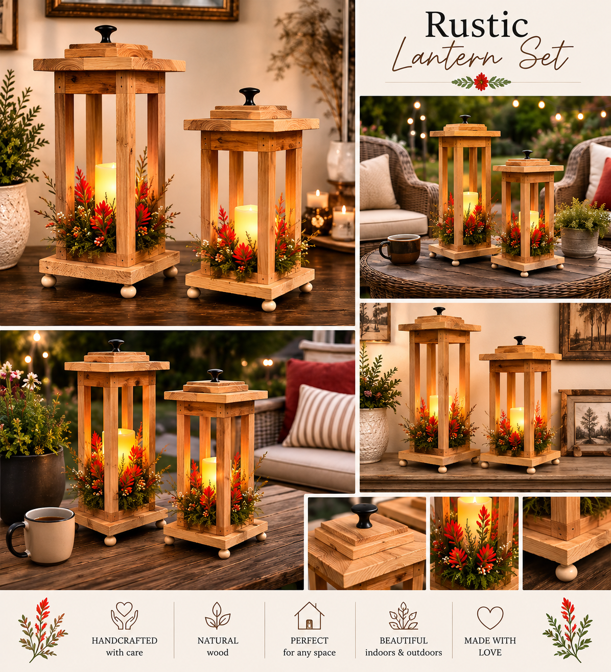 Rustic Wooden Lantern Set — 2 Piece