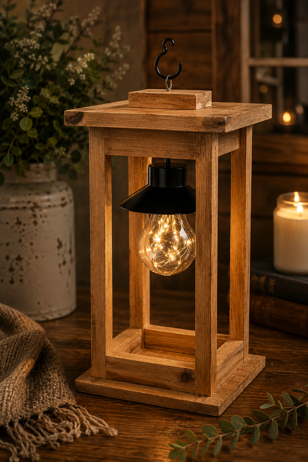 Rustic Wooden Lantern with LED Hanging Bulb