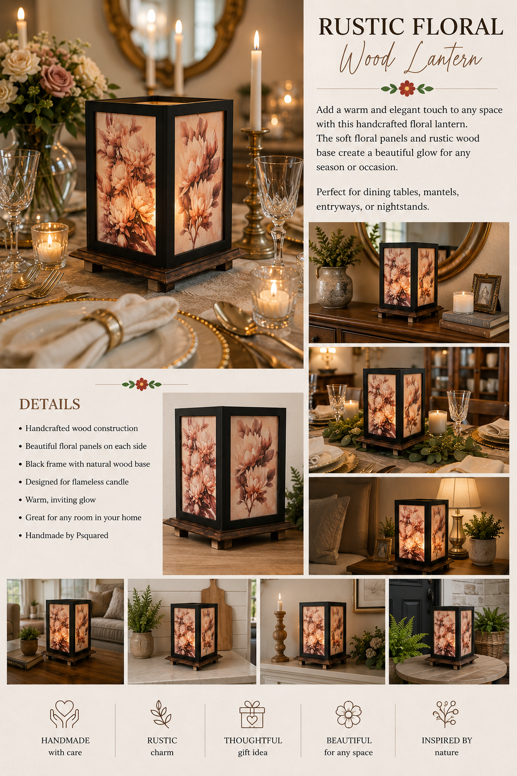Rustic Floral Wood Lantern