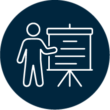 Simple line drawing of a person standing next to a presentation board or flip chart on a tripod stand.