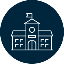 Stylized outline of a school building with a clock tower in the center, on a dark blue circular background.