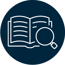 Icon of an open book with a magnifying glass over it.