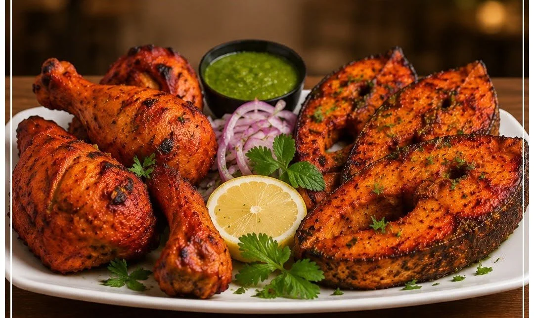 A plate of grilled chicken drumsticks and fish fillets with lemon slices, cilantro, onions, chopped green chutney, and grilled vegetables.