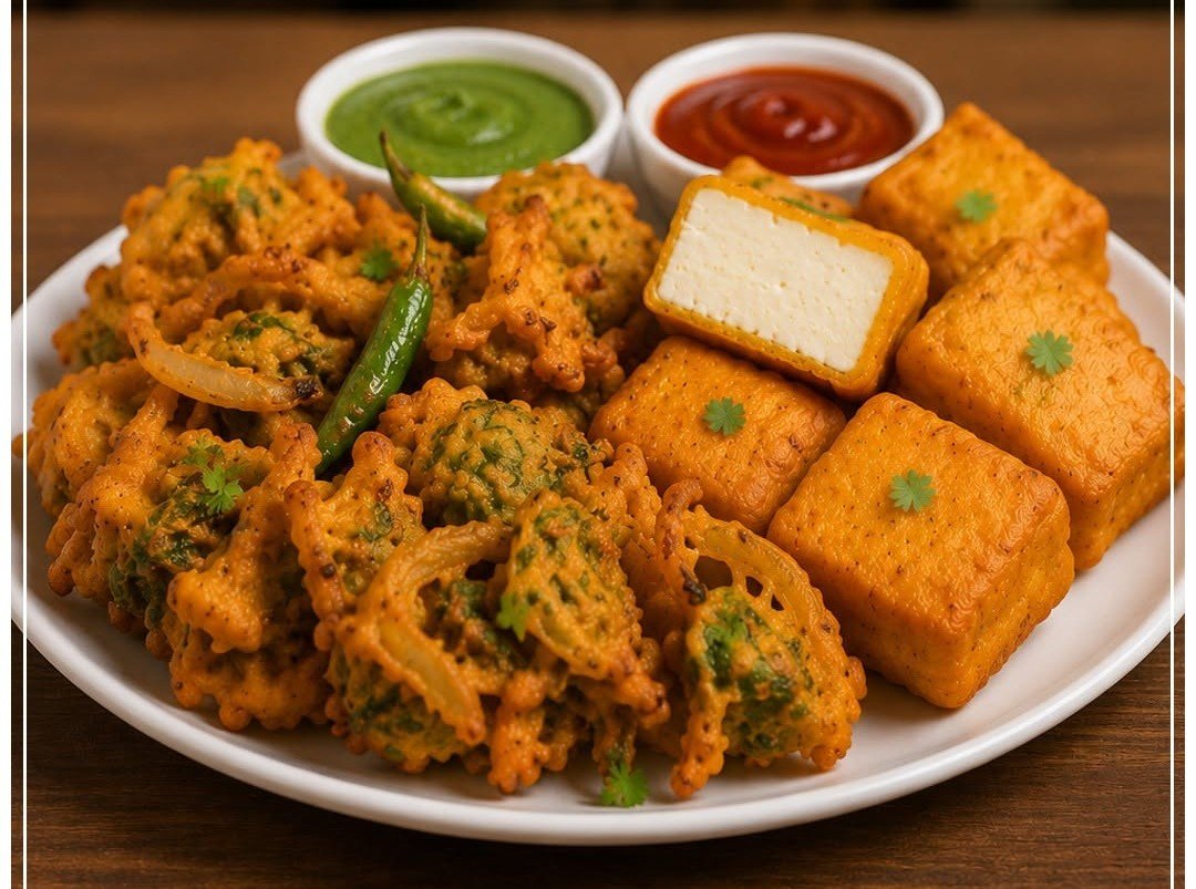 Assorted Indian vegetarian snacks on a white plate, including fried cauliflower and broccoli, fried tofu blocks, and bowls of green and red chutney.