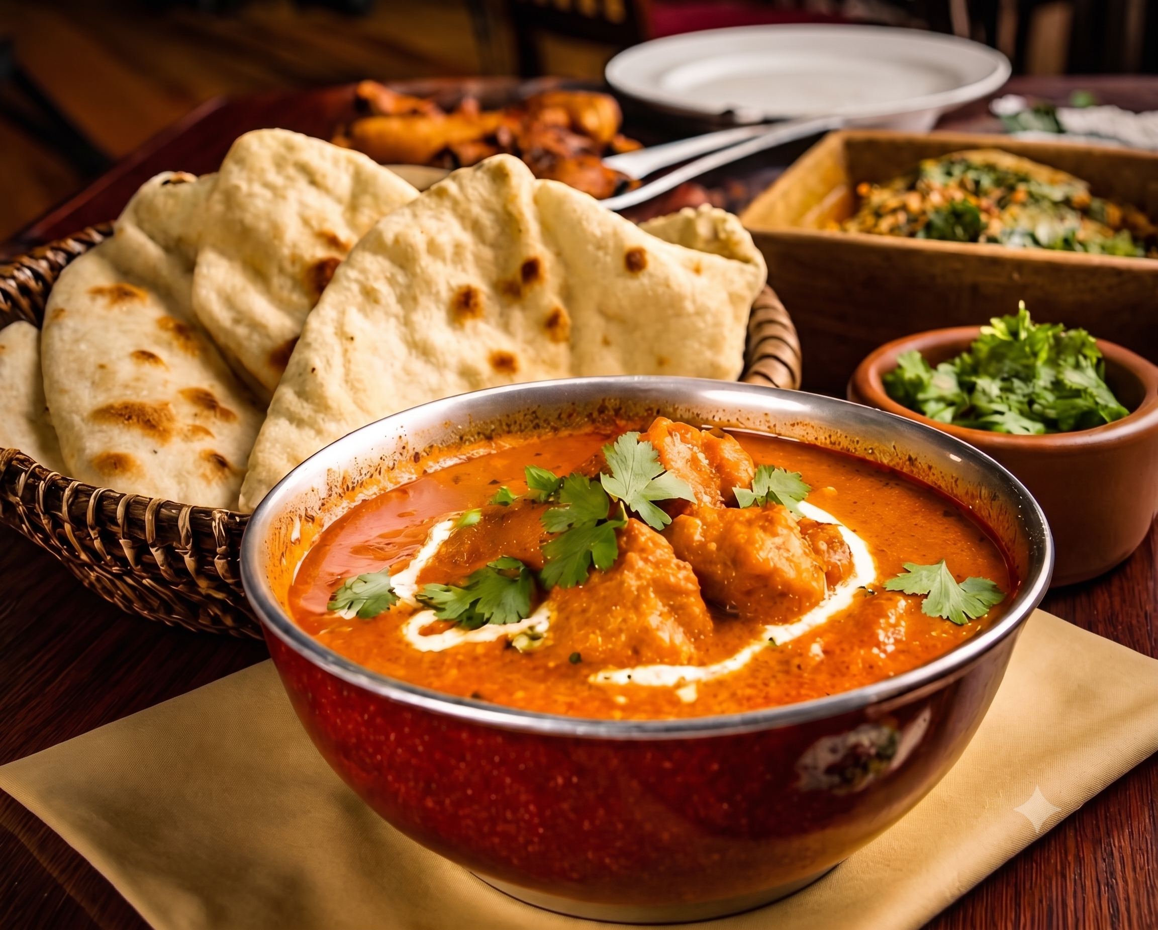 A bowl of Indian chicken curry garnished with cilantro, served with naan bread on a woven tray, with additional dishes and herbs in the background.