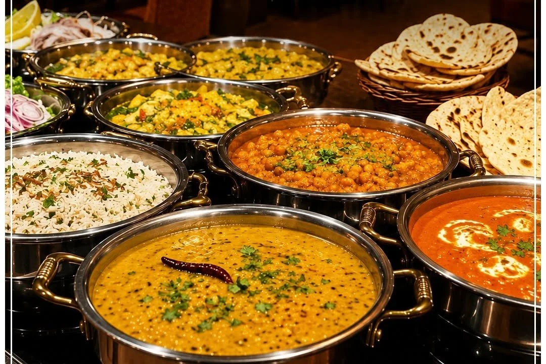 A variety of Indian curries and rice dishes in metal serving bowls with naan bread in baskets on a table.