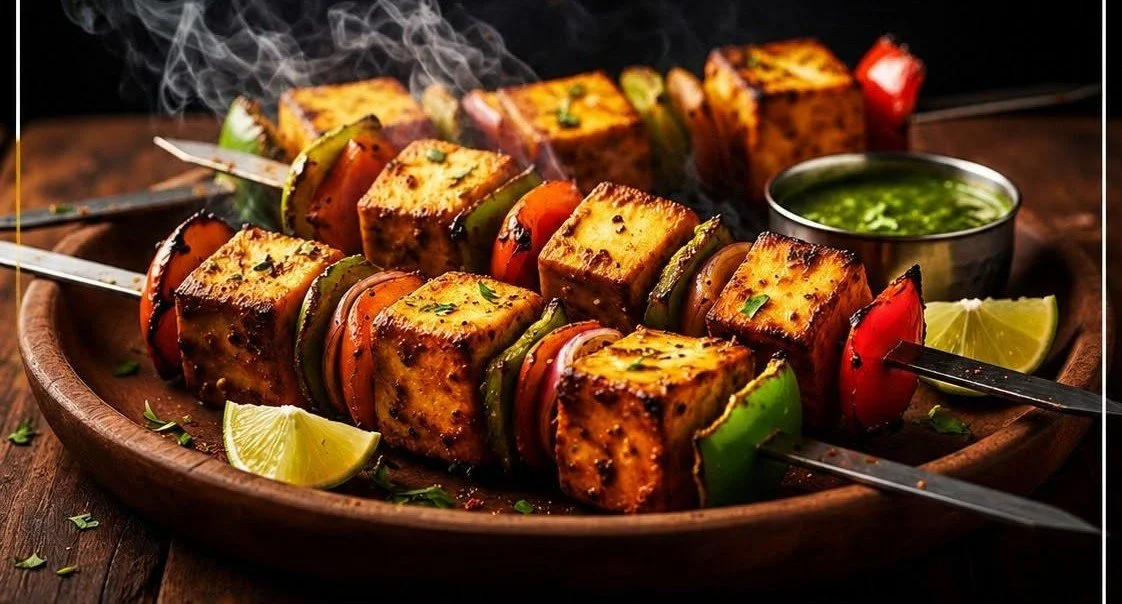 Grilled paneer and vegetable skewers with lemon wedges and green dipping sauce