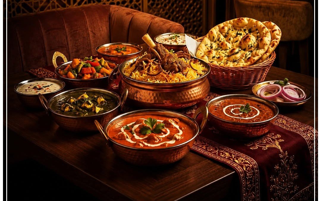 Traditional Indian meal with various curries, naan bread, and vegetables on a decorated table.