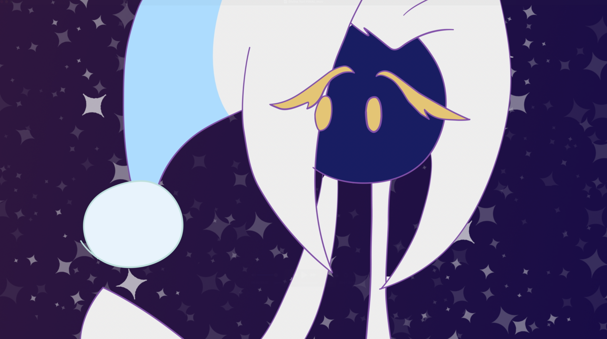 Close-up of a cartoon-style blue and yellow moon with a circular shadow and small stars in the background.