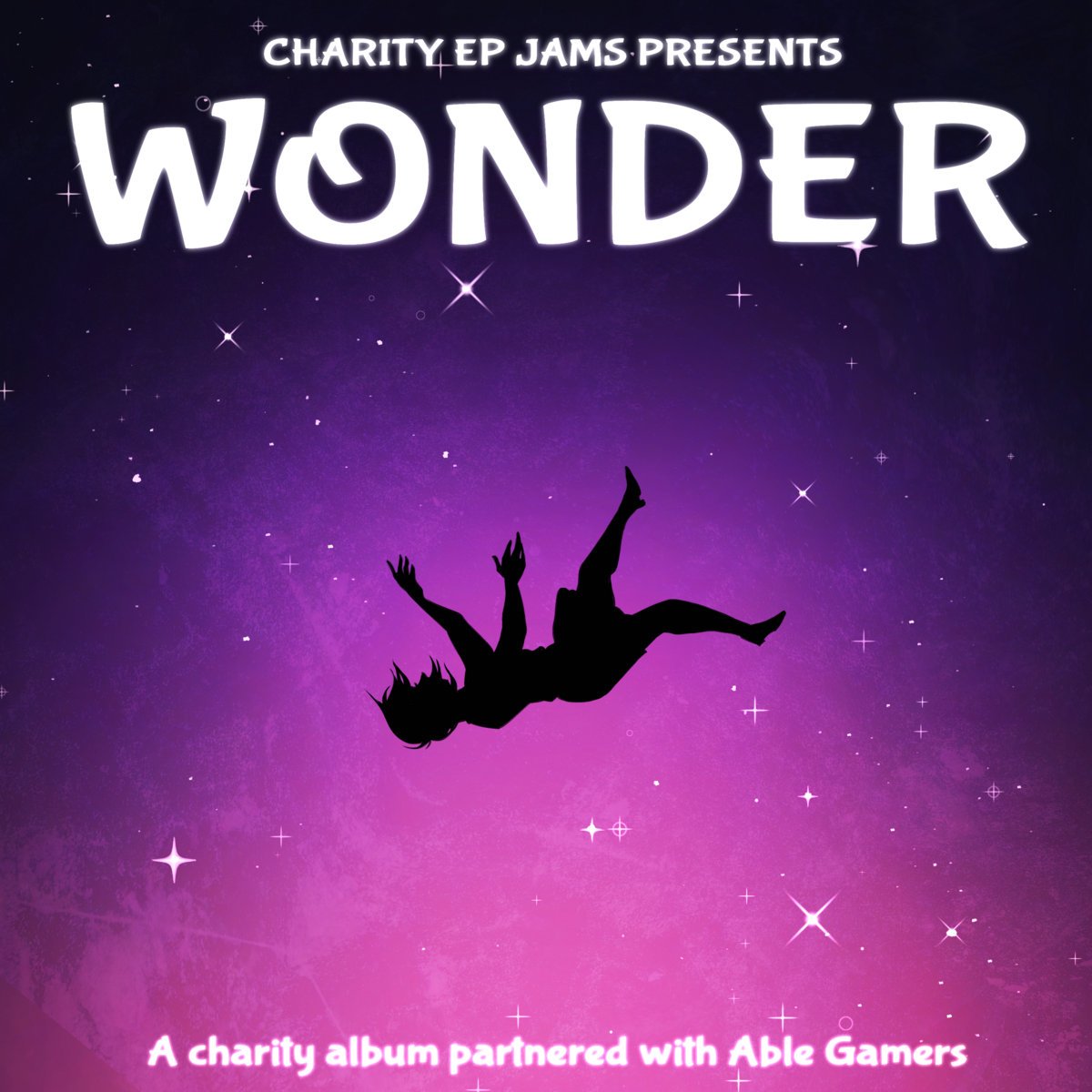 Purple space background with stars, a silhouetted girl falling through space, and white text that reads 'Charity EP Jams Presents Wonder' and 'A charity album partnered with Able Gamers.'