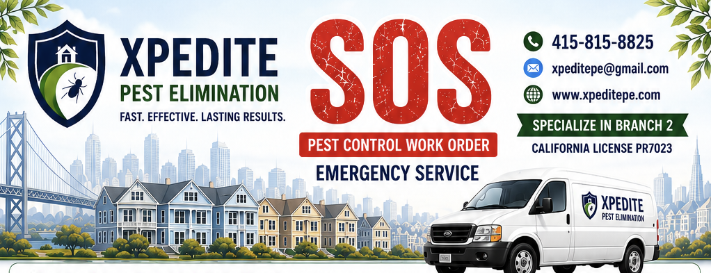 A business advertisement banner for Xpedite Pest Elimination featuring their contact information, service description, and a white pest control van with the company's logo, set against a cityscape background with houses and a bridge.