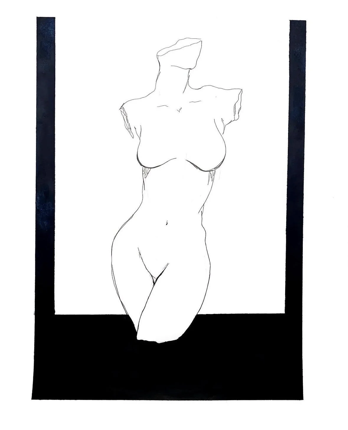 Line drawing of a woman's nude torso with no head, set against a black and white background.