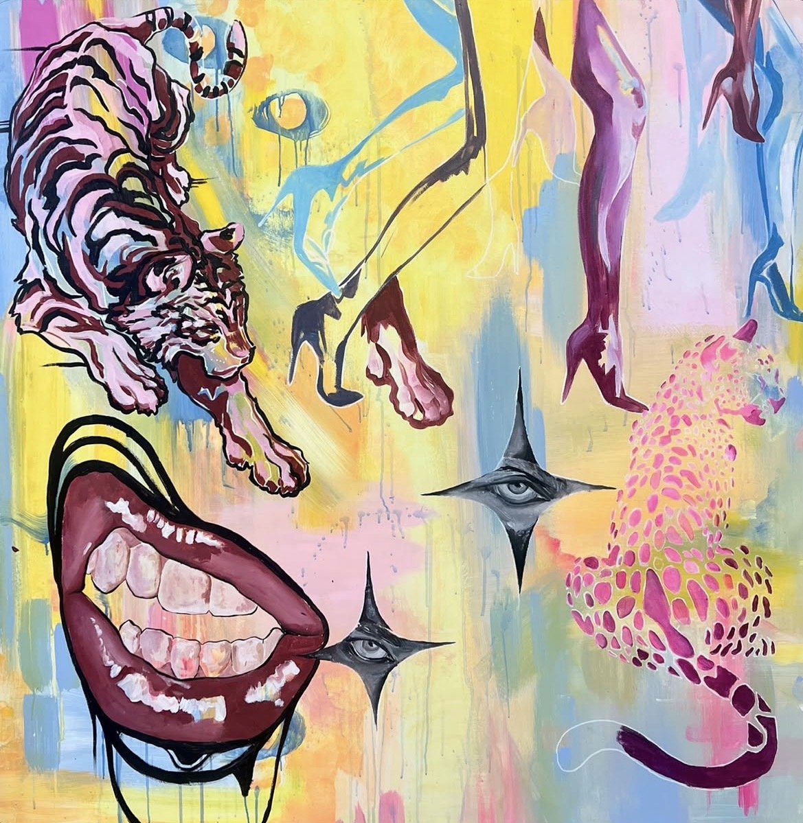 A colorful abstract mural featuring a tiger, a woman's body, a wide-open mouth with teeth, and various surreal elements including floating eyes, fish, and dripping paint on a pastel background.