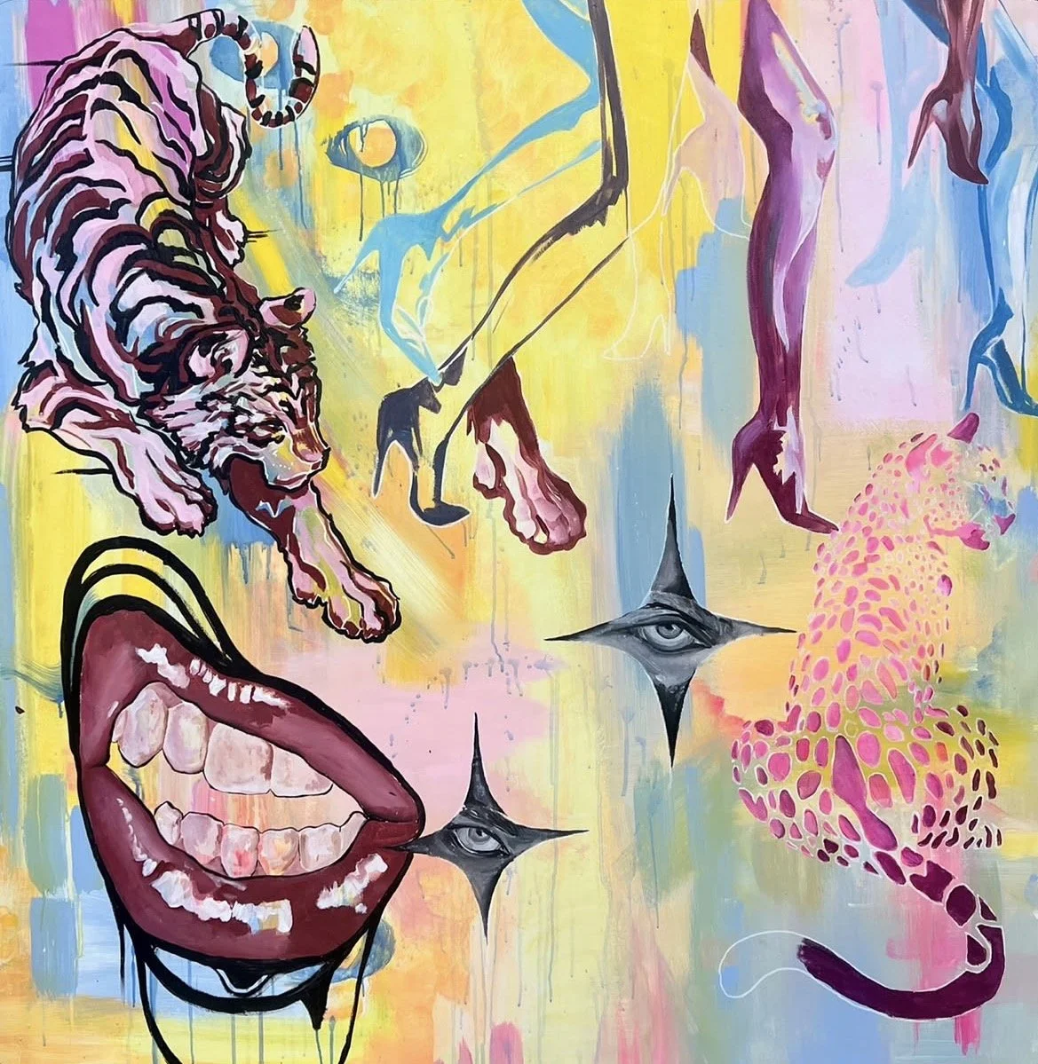 Colorful abstract artwork featuring a tiger with pink stripes, a large open mouth with teeth, a crying eye, a woman silhouette, a leopard print cat with pink spots, and floating fish, all set against a background of yellow, pink, and blue with drips and splatters.