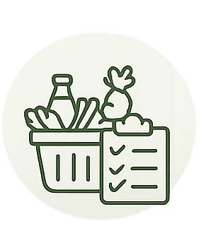 Line drawing of a shopping basket filled with vegetables and a bottle, with a shopping list next to it.