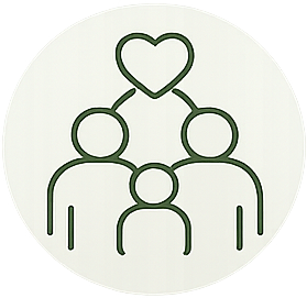 Line drawing of three people connected by lines, with a heart above them.
