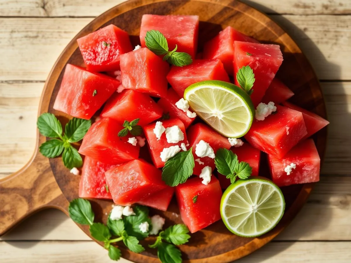 Cubed watermelon garnished with lime slices, fresh mint leaves, and crumbled white cheese on a wooden platter.