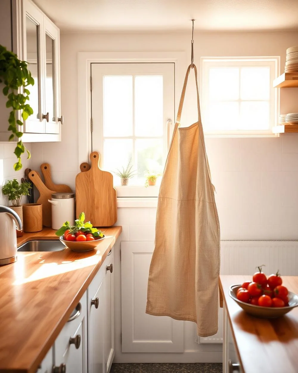 Bright, cozy kitchen with wooden countertops, white cabinets, and sunlight streaming through two windows. A large beige apron hangs from the ceiling, and there are cutting boards, plants, a bowl of tomatoes, and kitchenware on the counters.