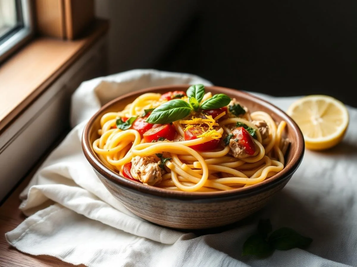 Bowl of spaghetti with cherry tomatoes, basil leaves, lemon wedge, and herbs on a wooden surface.